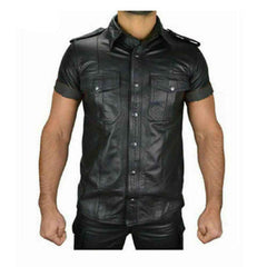 Mens Boys Hot Police Uniform Shirt Genuine Soft Lambskin Leather Shirt