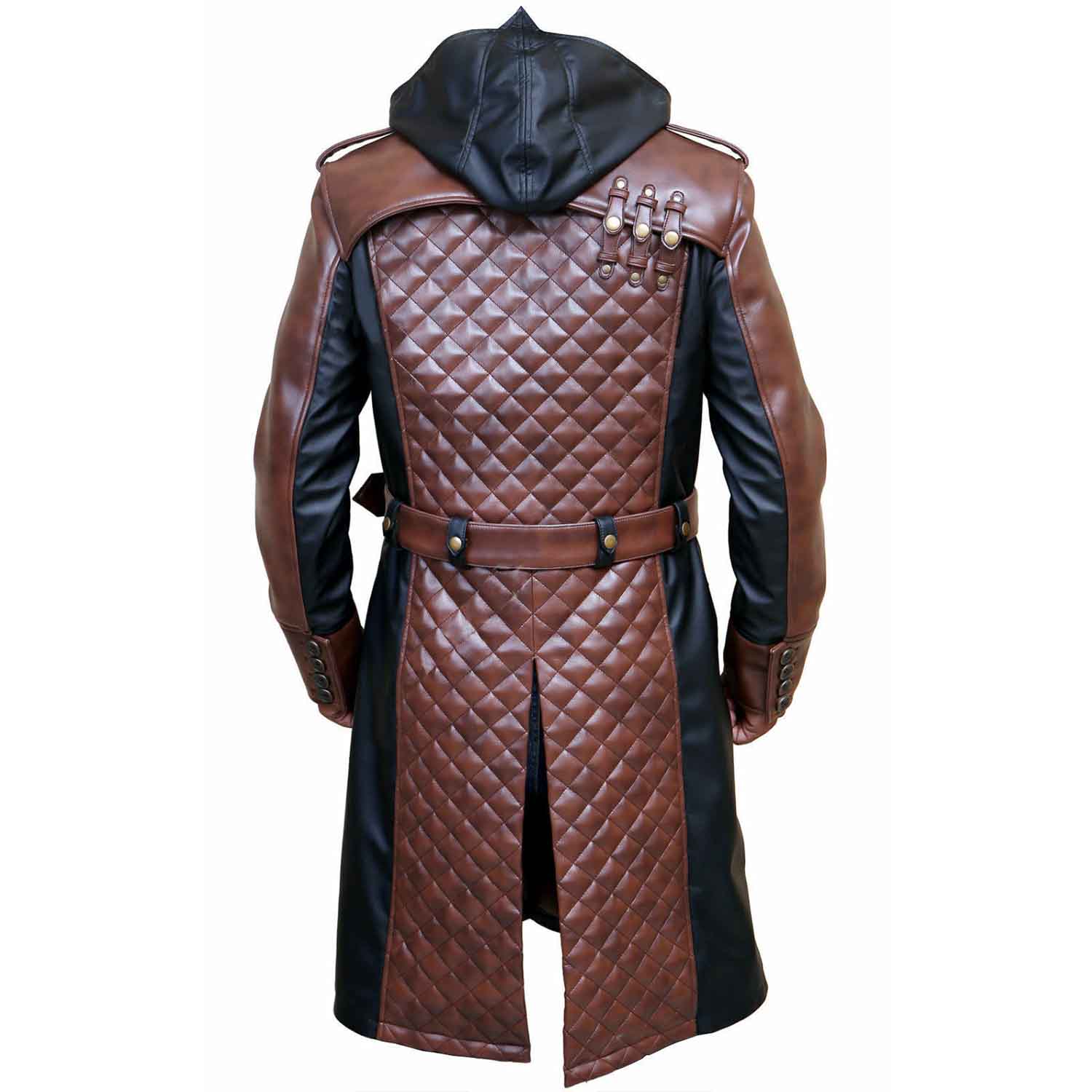 Back view of a men's two-tone leather duster coat showcasing a diamond quilted back panel, rear slit, belt loops, and removable black hood.