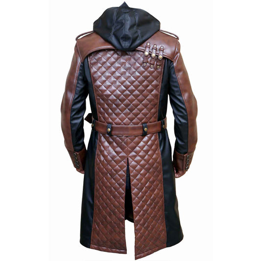 Back view of a men's two-tone leather duster coat showcasing a diamond quilted back panel, rear slit, belt loops, and removable black hood.