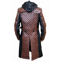 Back view of a men's two-tone leather duster coat showcasing a diamond quilted back panel, rear slit, belt loops, and removable black hood.