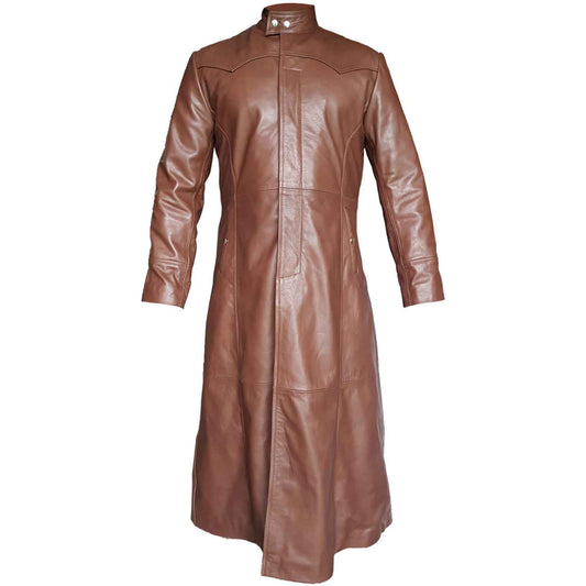 Full front view of a men's brown genuine cowhide leather Matrix trench coat showing high stand collar with snap closures and flared skirt.