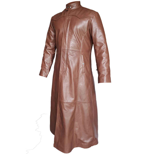 Three-quarter side profile of a men's brown leather gothic duster coat highlighting the side slash pocket and longline silhouette.