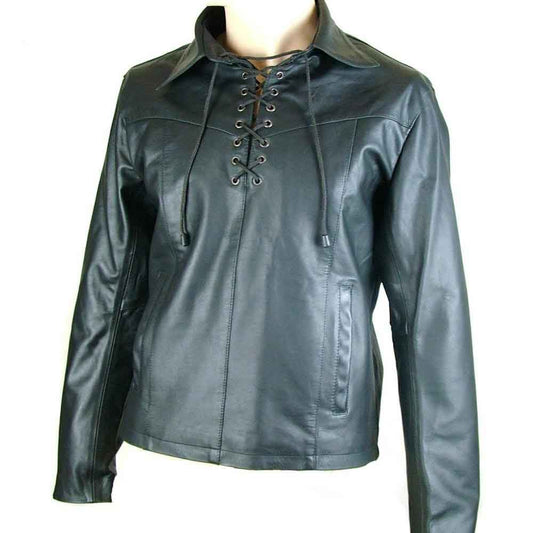 Men's Real Lambskin Leather Biker Lace-Up Pullover Top Shirt