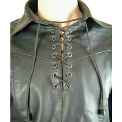 Men's Real Lambskin Leather Biker Lace-Up Pullover Top Shirt