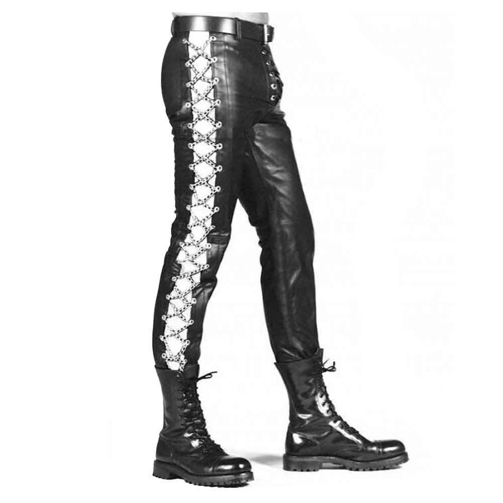A pair of men's genuine leather lace-up skinny sides fixed silver chains jeans style trousers with a high waist and black boots.