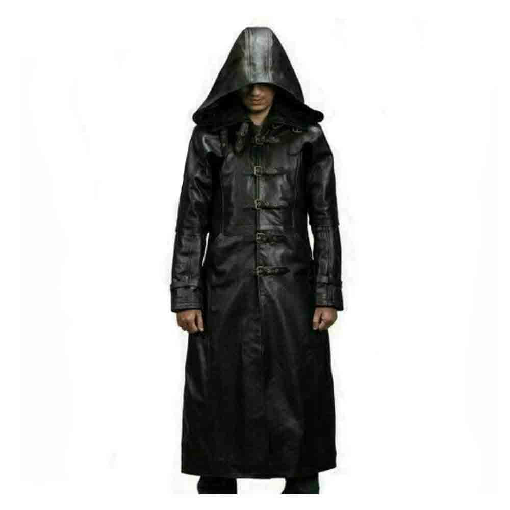 Mens Huntsman Black Hooded Cowhide Leather Steampunk Goth Matrix Trench Coat