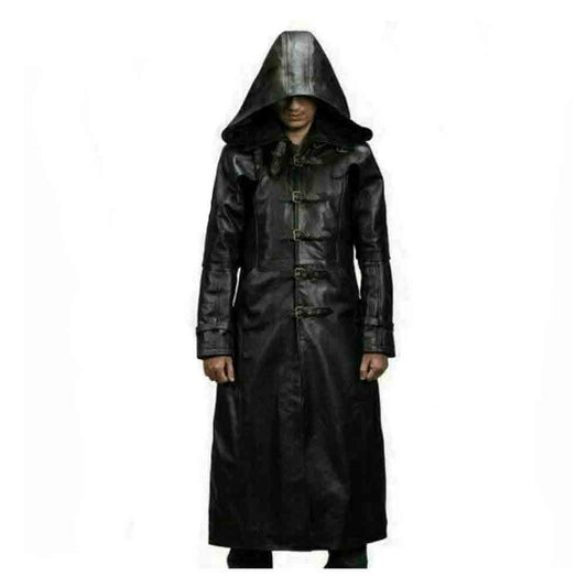 Mens Huntsman Black Hooded Cowhide Leather Steampunk Goth Matrix Trench Coat