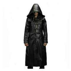 Mens Huntsman Black Hooded Cowhide Leather Steampunk Goth Matrix Trench Coat