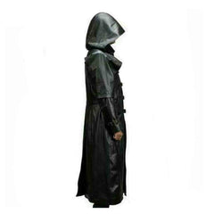 Mens Huntsman Black Hooded Cowhide Leather Steampunk Goth Matrix Trench Coat