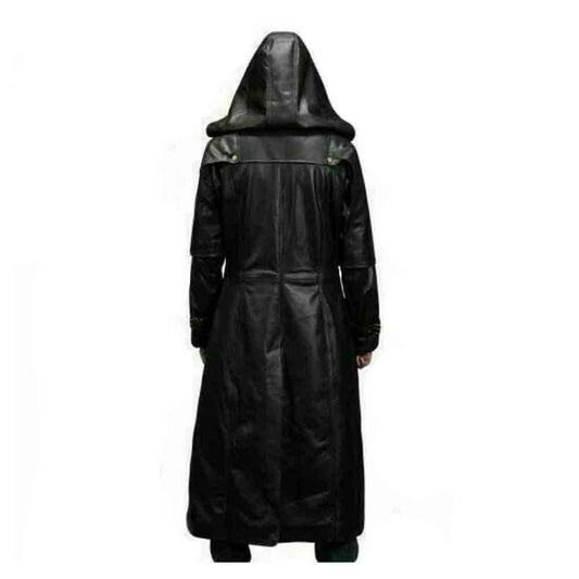 Mens Huntsman Black Hooded Cowhide Leather Steampunk Goth Matrix Trench Coat