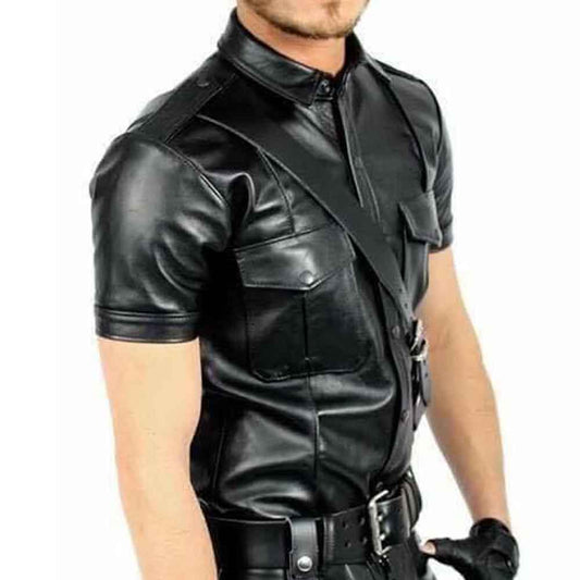 Men's Lambskin Nappa Leather Black Police Shirt | BLUF Uniform Style