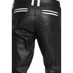 Mens Cowhide Leather Pants Cropped Biker Pants White Stripe Leather Pants Clubwear Chino Trousers