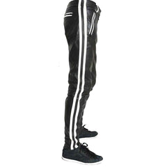 Mens Cowhide Leather Pants Cropped Biker Pants White Stripe Leather Pants Clubwear Chino Trousers