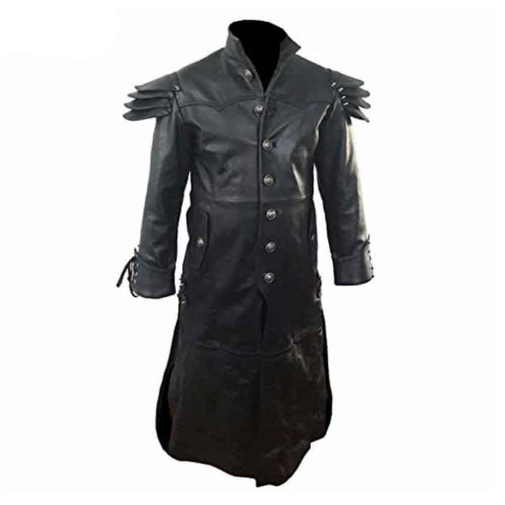 andcrafted men's real black leather Matrix trench coat with front button closure, high collar, and layered shoulder armor.