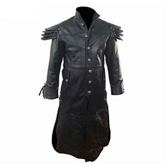 andcrafted men's real black leather Matrix trench coat with front button closure, high collar, and layered shoulder armor.