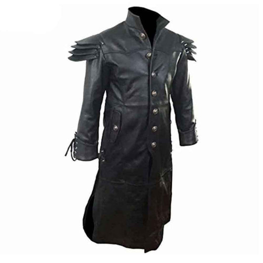Angled front view of men's gothic steampunk black leather trench coat showing open sides and lace-up wrist cuffs.