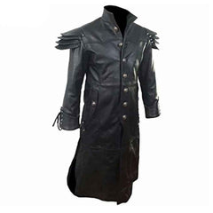 Angled front view of men's gothic steampunk black leather trench coat showing open sides and lace-up wrist cuffs.