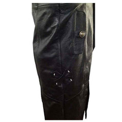Detail shot of side pocket button, laced side accents, and real black leather texture on a men's steampunk duster coat.