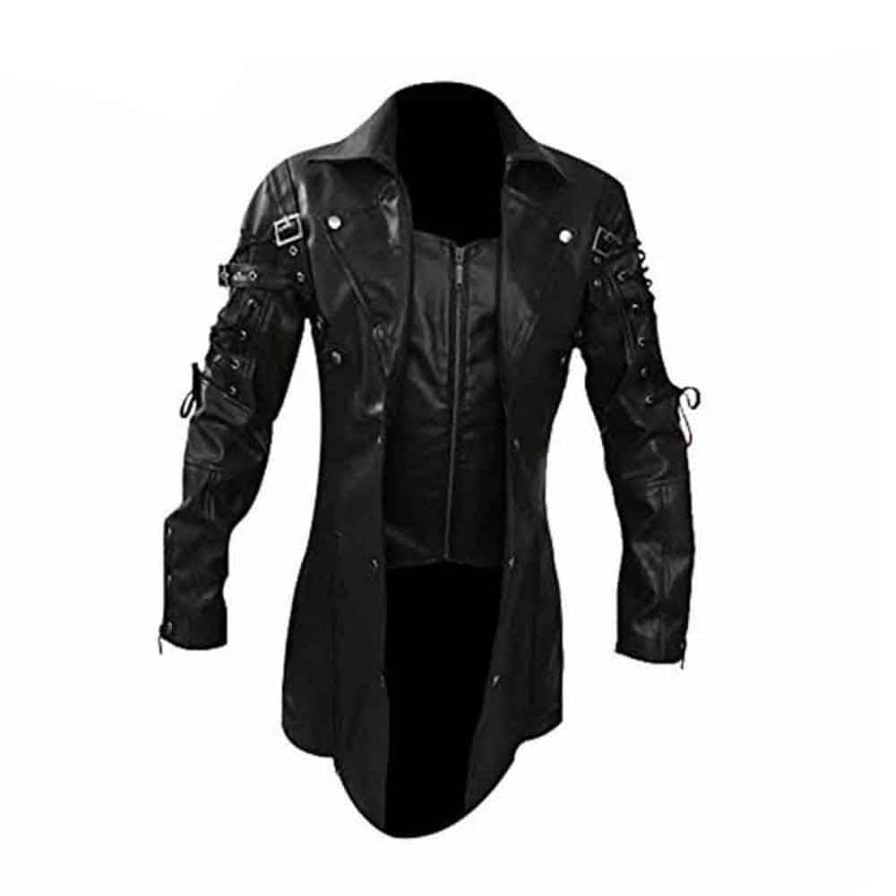 Full front view of a men's black soft leather Matrix steampunk coat showing open lapels and central front zipper closure.