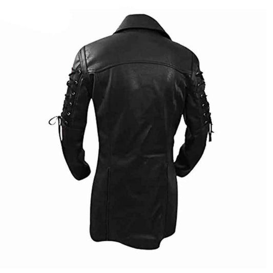 Back view of a men's black real leather Matrix trench coat displaying upper arm lace-up ties and twin rear zipper vents.