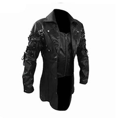 Full front view of a men's black soft leather Matrix steampunk coat showing open lapels and central front zipper closure.