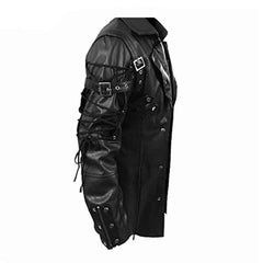 Side view of a men's black gothic leather coat highlighting the lace-up sleeve design, silver shoulder buckle, and zippered wrist cuffs.