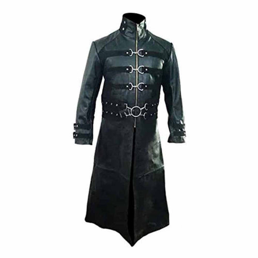 Mens Real Black Leather Goth Matrix Trench Coat Steampunk Gothic Van Helsing T21