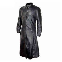 Mens Black Cowhide Leather Long Matrix Trench Coat Goth Steampunk Van Helsing Trench Coat Gothic T17