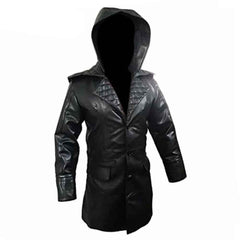 Front view of a men's black real cowhide leather Matrix gothic trench coat featuring diamond quilted lapels, front button closure, and a leather hood.