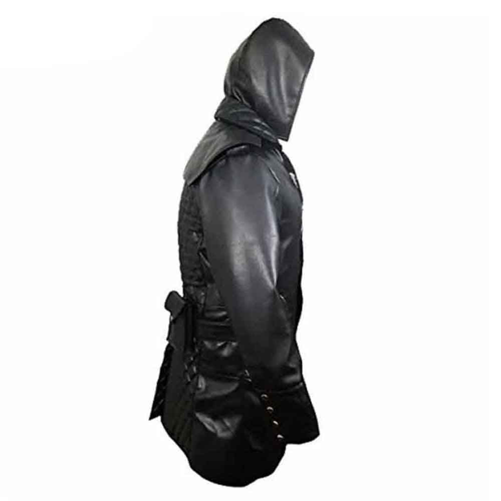 Side profile view of a men's black hooded gothic leather coat highlighting the structured sleeves, zip-on hood, and rear belt detailing.