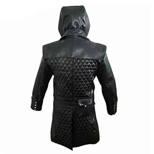 Back view of a men's black leather steampunk duster coat showcasing the diamond-quilted back panel, rear belt, and integrated coin pocket.