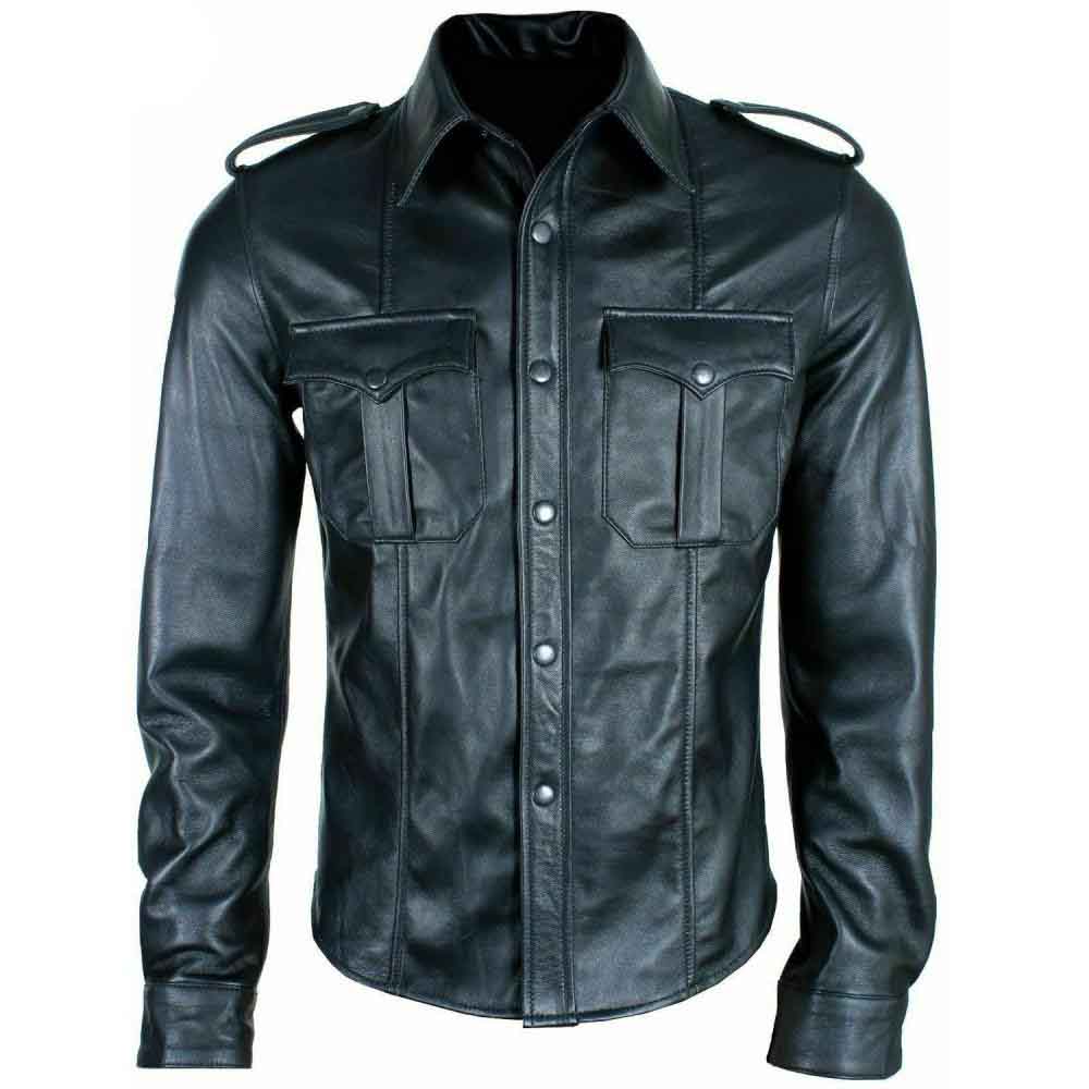 Black leather military-style shirt jacket with shoulder epaulets, button front, and two chest flap pockets, shown on a plain white background.