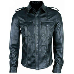 Black leather military-style shirt jacket with shoulder epaulets, button front, and two chest flap pockets, shown on a plain white background.