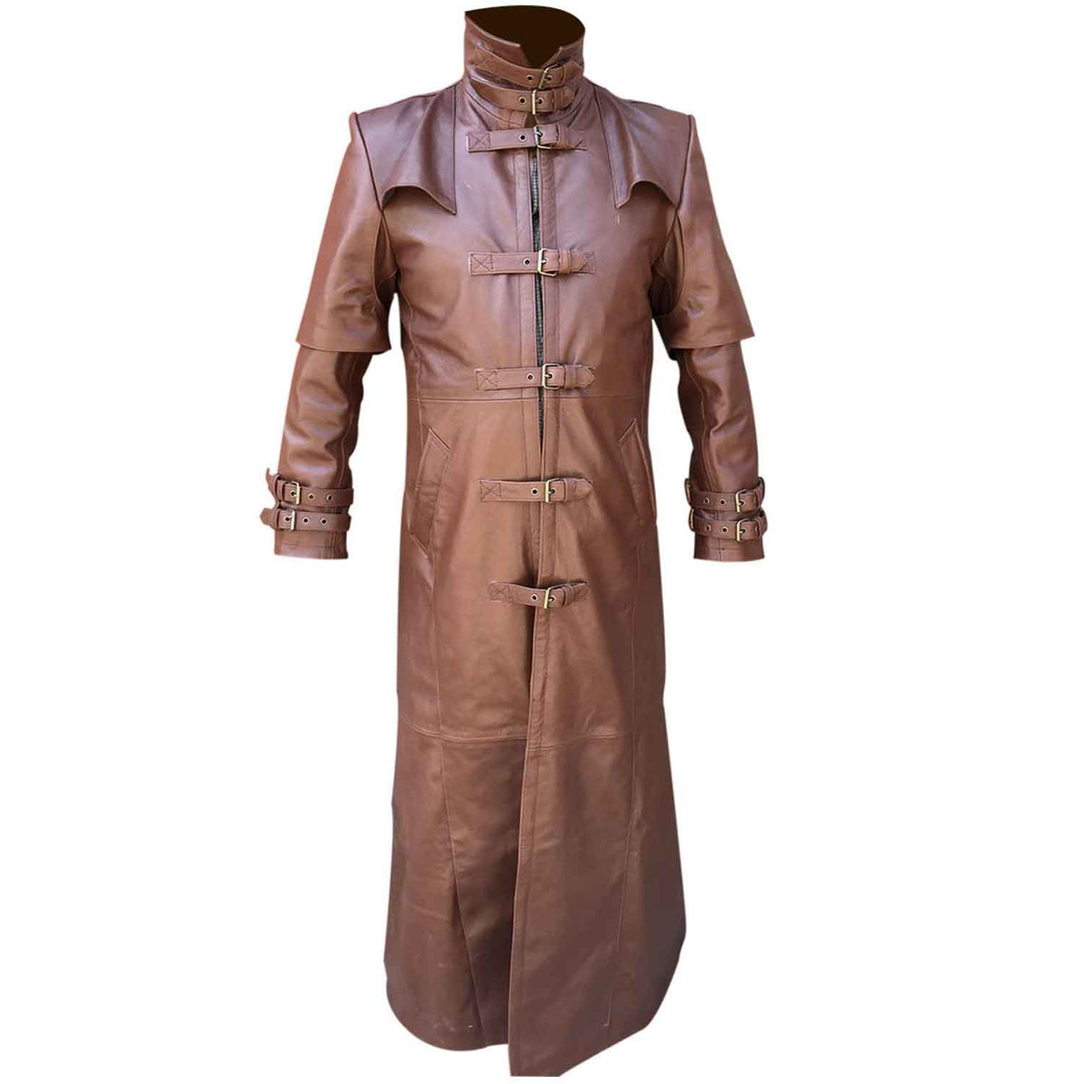 Full front view of a men's brown real leather Van Helsing trench coat with five brass buckles closed and high stand collar.