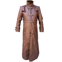 Full front view of a men's brown real leather Van Helsing trench coat with five brass buckles closed and high stand collar.