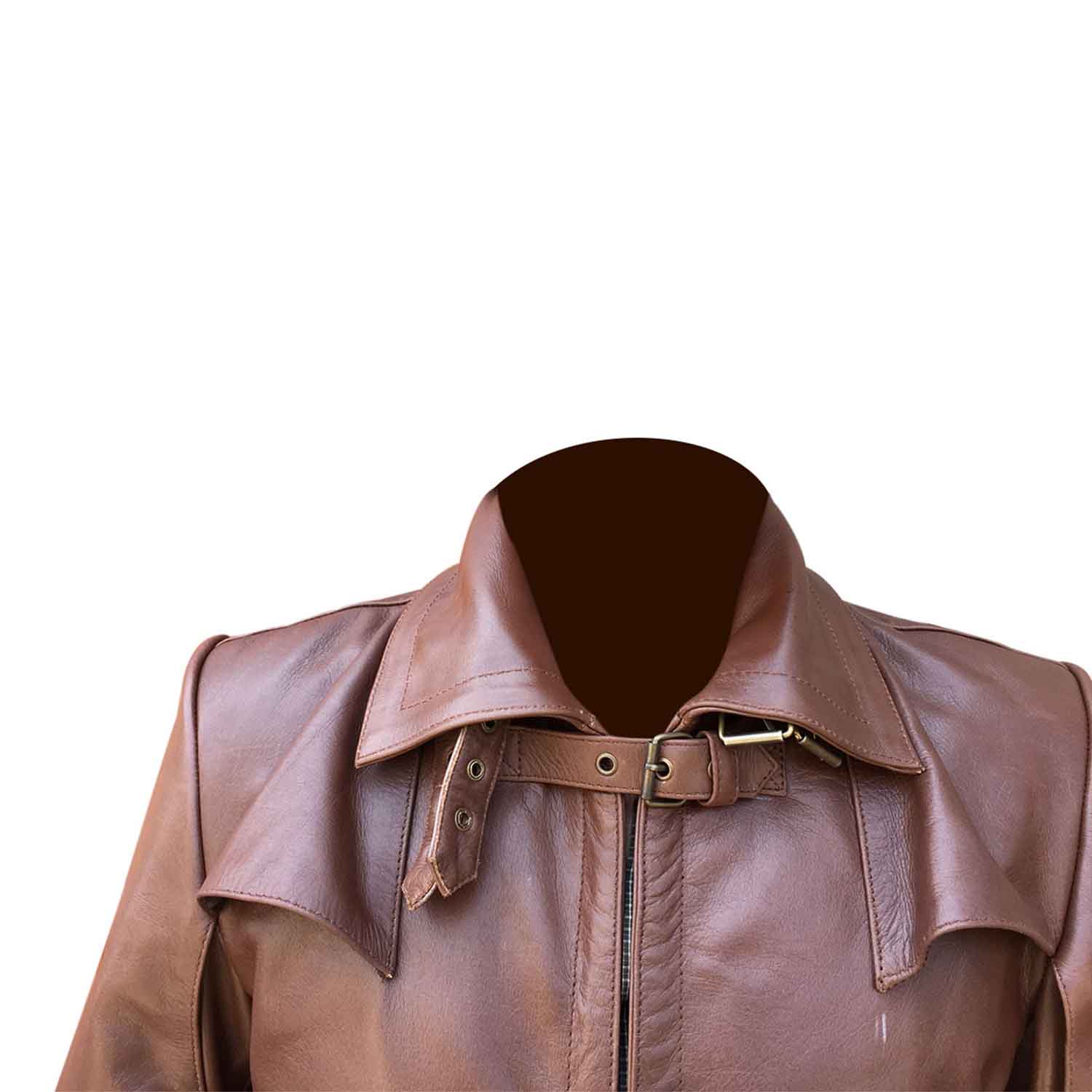 Close up view of the turned down collar and neck buckle strap on a men's brown leather steampunk coat.