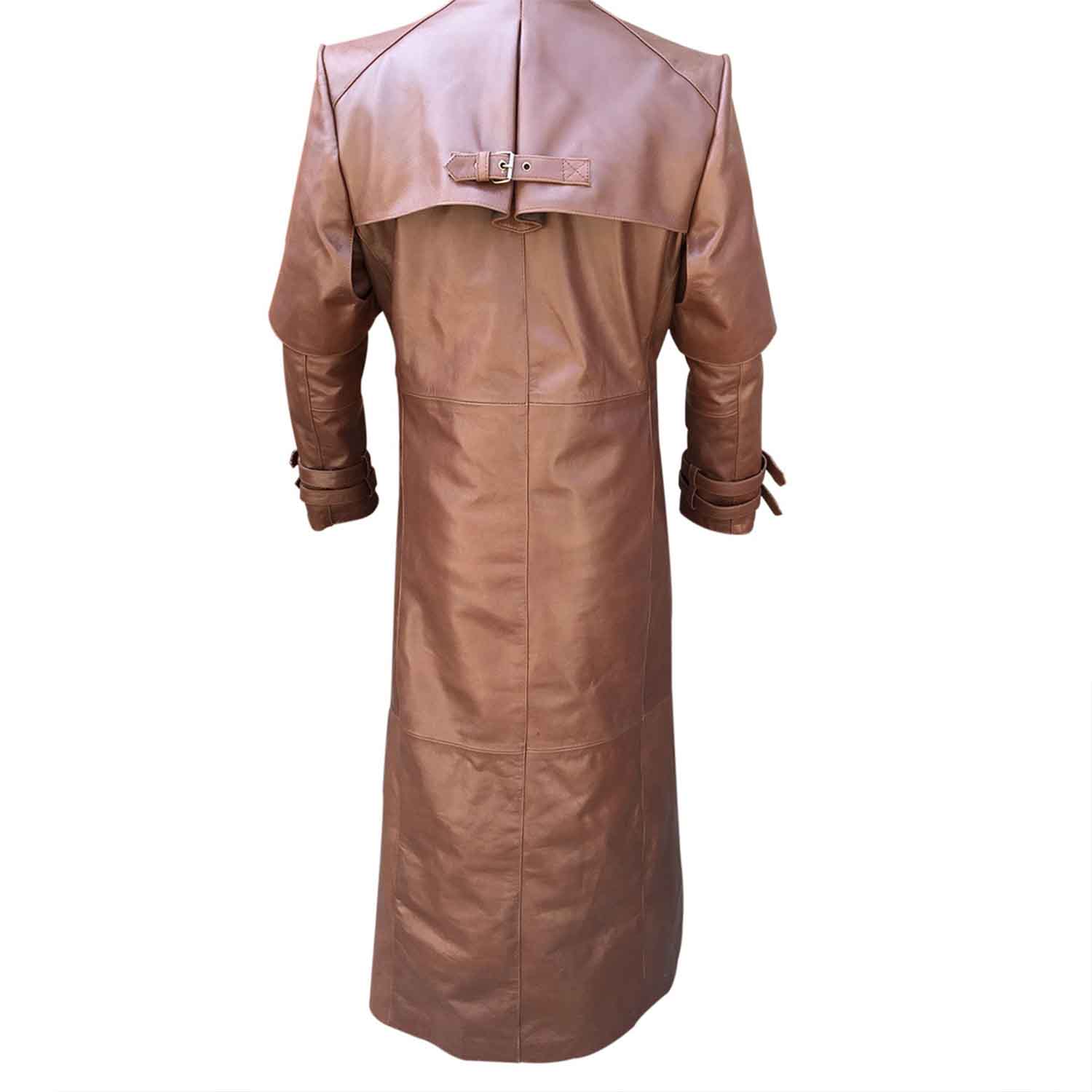 Back view of a long men's brown leather Van Helsing duster jacket displaying the shoulder cape and back buckle detail.