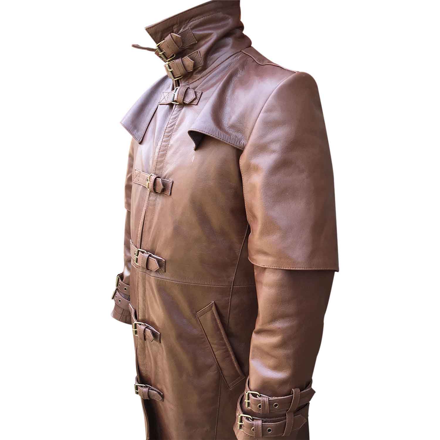 Three-quarter angle profile view of a brown leather gothic matrix trench coat highlighting sleeve buckle cuffs and side pocket.