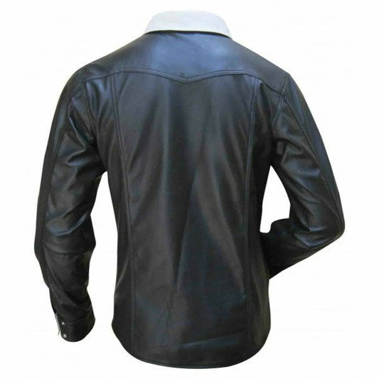Men's Real Sheep Nappa Leather Full Sleeve BLUF Bespoke Tailored Shirt in Black and White Two Tone