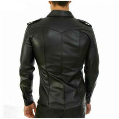 MENS REAL LEATHER Black Police Military Style Shirt BLUF FULL SLEEVES Gay Shirt
