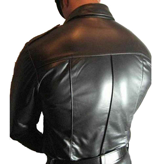 Men's Real Leather Police Shirt Long Sleeves Leather Police Style BLUF Shirt