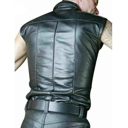 Men's Real Cowhide Leather Police Uniform Short Sleeve Shirt IN 5 COLORS Piping