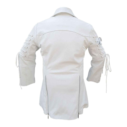 Back view of a men's white real leather Matrix trench coat showing upper arm lace-up details and twin rear zipper hem vents.
