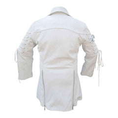 Back view of a men's white real leather Matrix trench coat showing upper arm lace-up details and twin rear zipper hem vents.