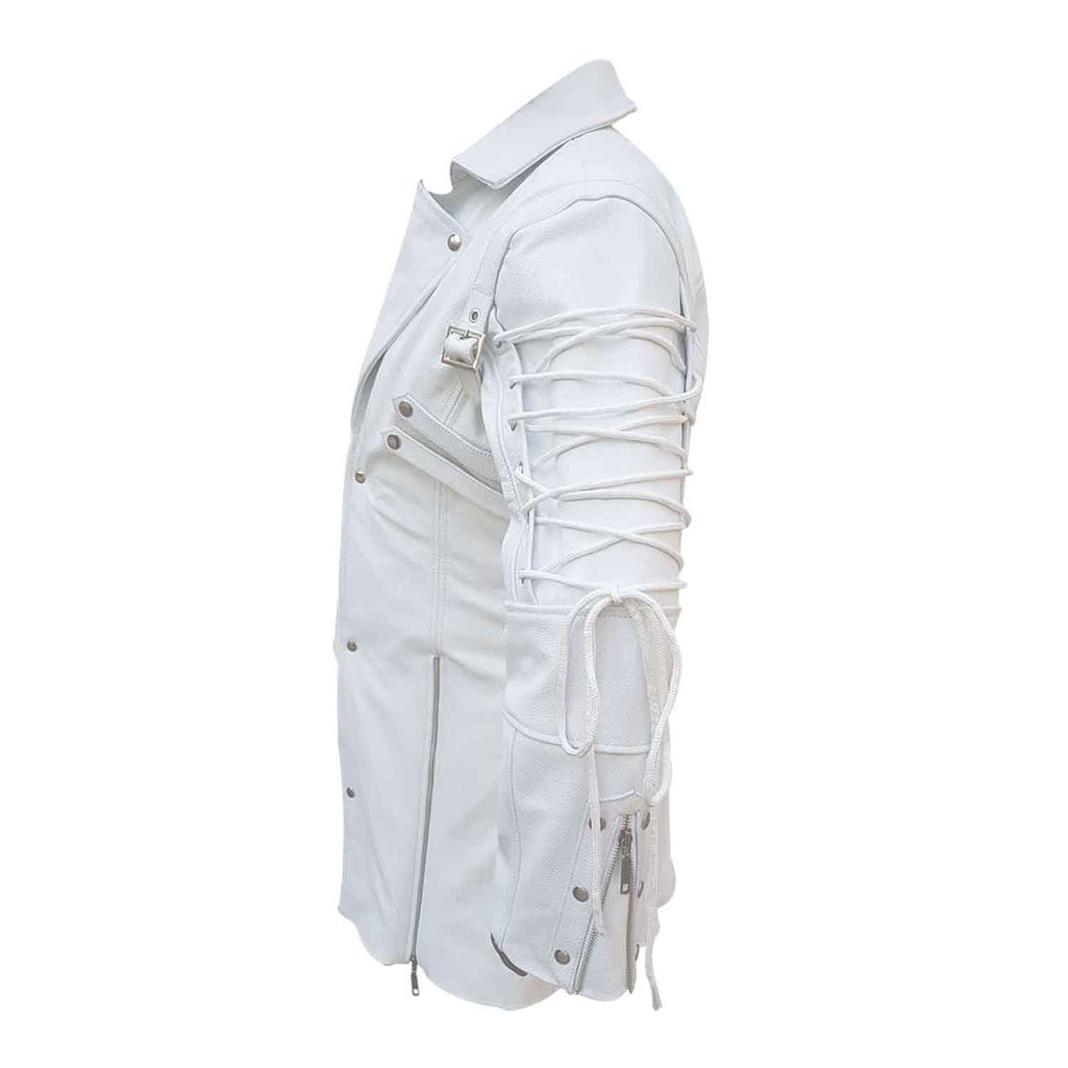 Side view of a men's white leather gothic coat displaying the lace-up sleeve ties, shoulder buckle strap, and zippered cuff.