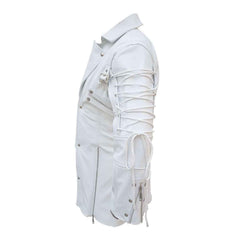 Side view of a men's white leather gothic coat displaying the lace-up sleeve ties, shoulder buckle strap, and zippered cuff.