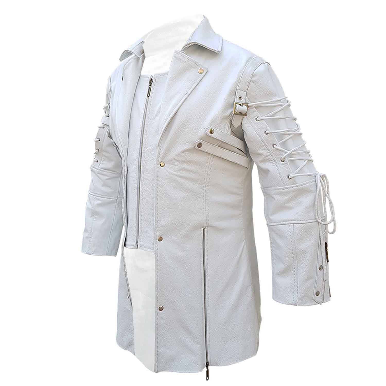 Three-quarter front view of a men's white steampunk leather trench coat featuring open lapels and a central zipper closure.