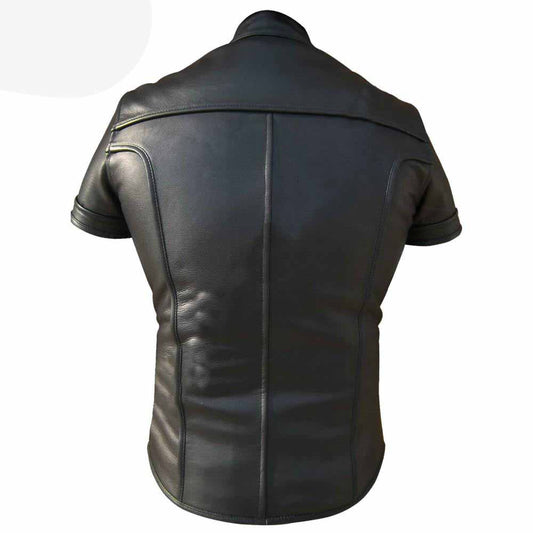 Mens REAL LEATHER Black Bikers Front Zip Closer Slim Fit Shirt BLUF Gay ALL SIZE