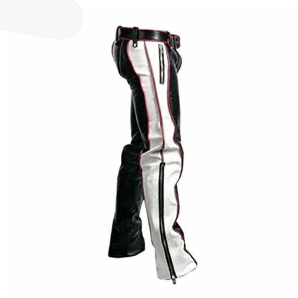 Mens Black Real Cowhide Leather Bondage Jeans Red and White Contrast BLUF Breeches