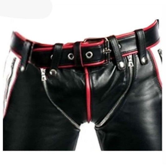 Schwarze Herren-Bondage-Jeans aus echtem Rindsleder, rote und weiße Kontrast-BLUF-Reithose 